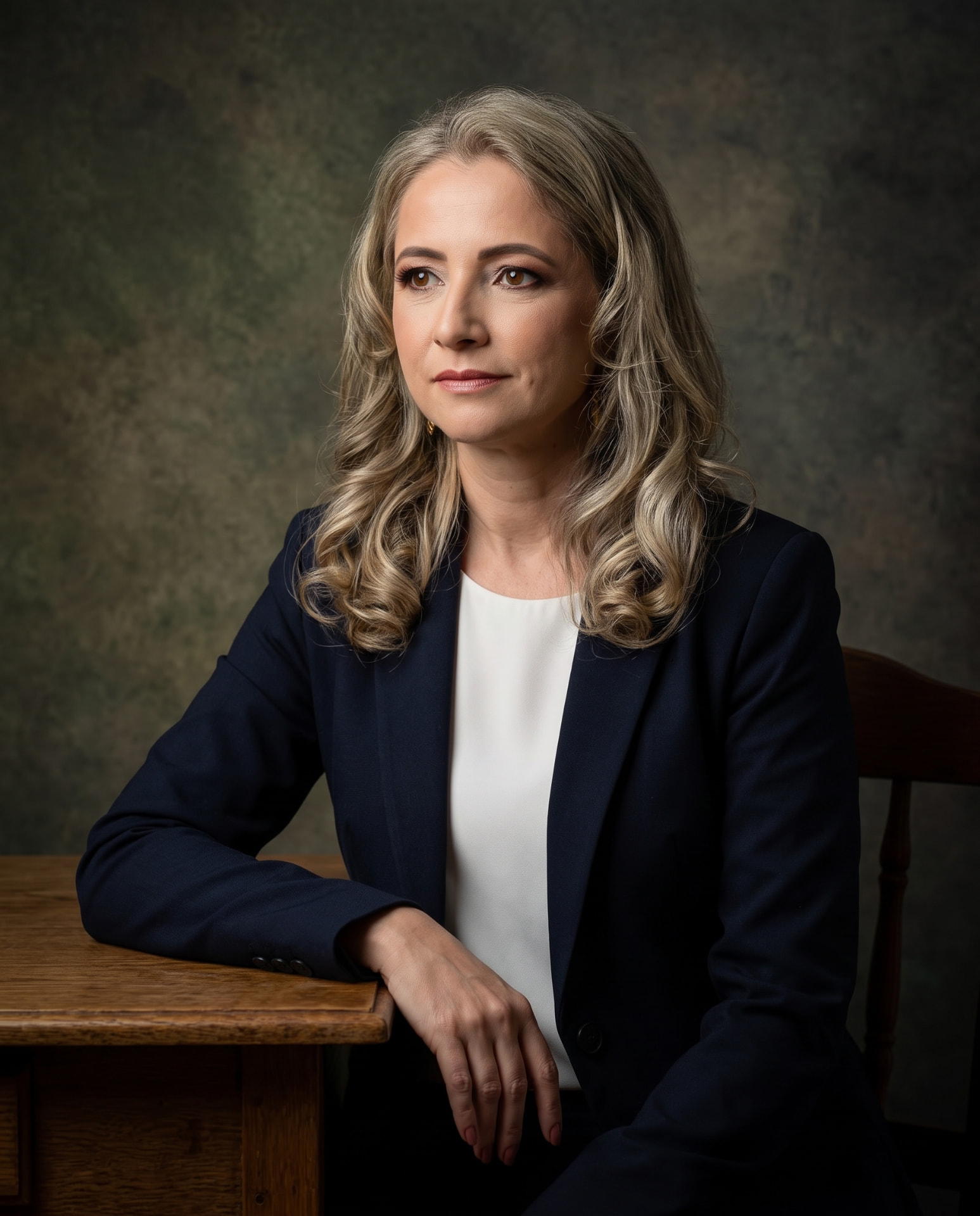 Rejane Duarte sentada à mesa, de blazer escuro, em fundo sóbrio