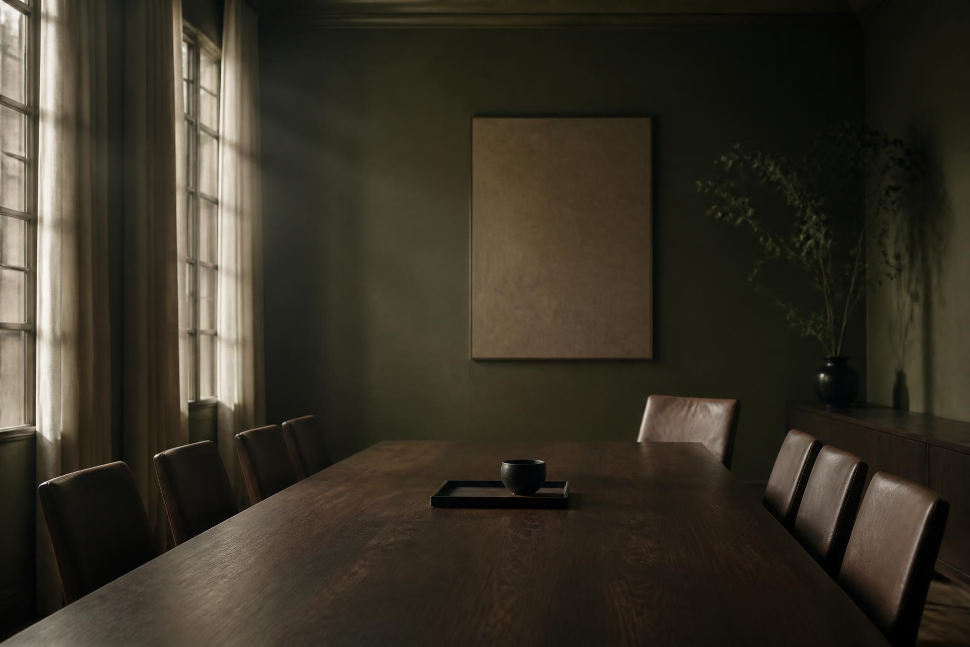 Mesa longa de madeira escura em sala silenciosa com luz difusa