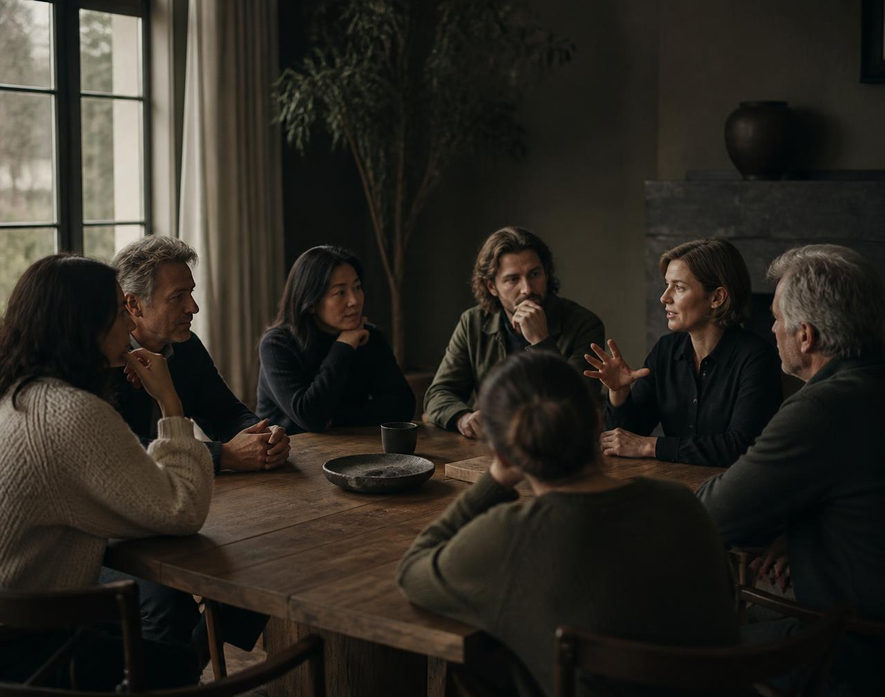 Pequeno grupo misto de adultos em conversa ao redor de uma mesa de madeira